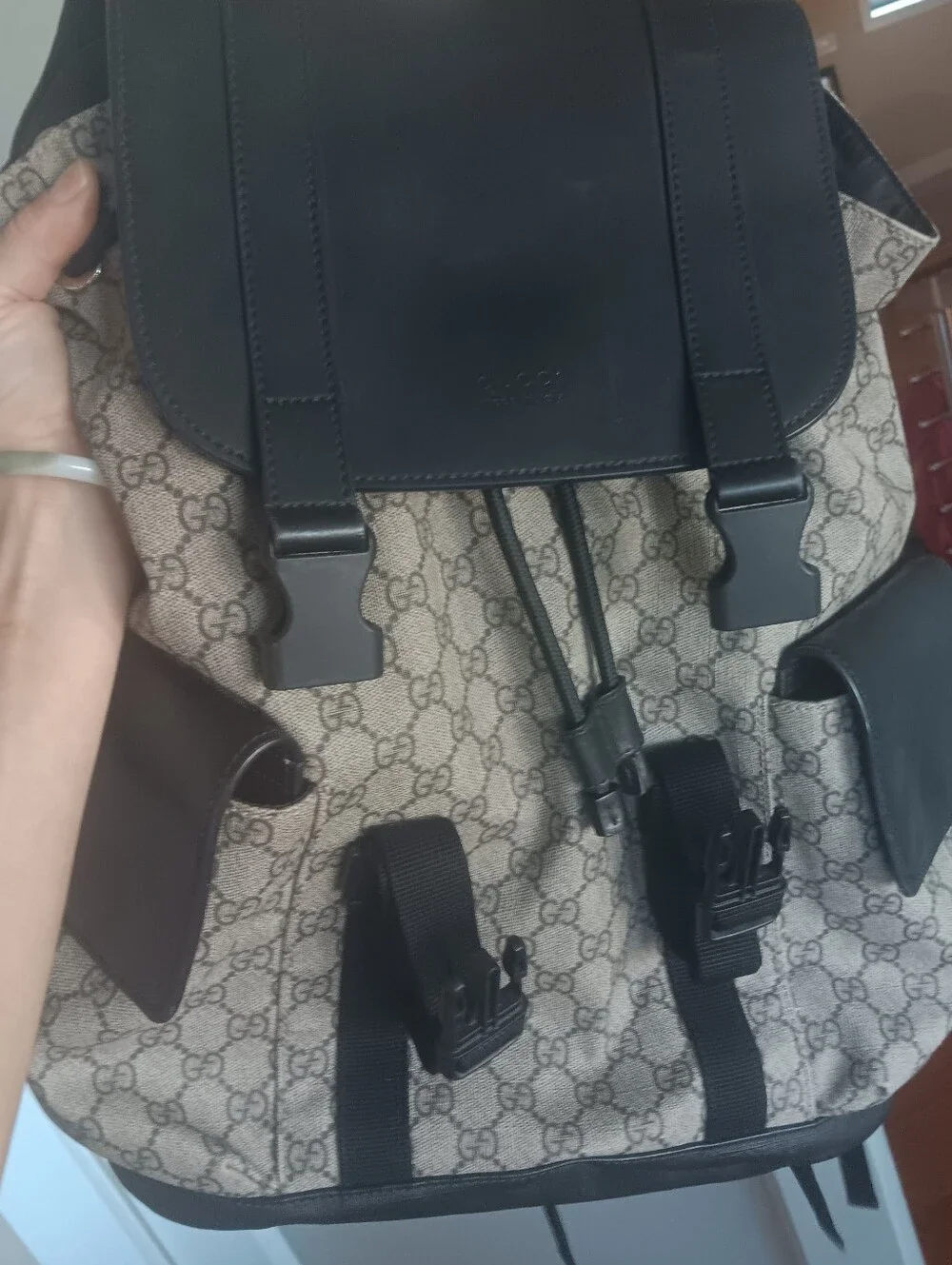 Gucci supreme double buckle canvas backpack large